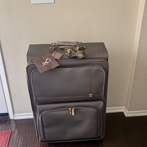 Diane Von Furstenberg Taupe Rolling Garment Suitcase with Gold Accents